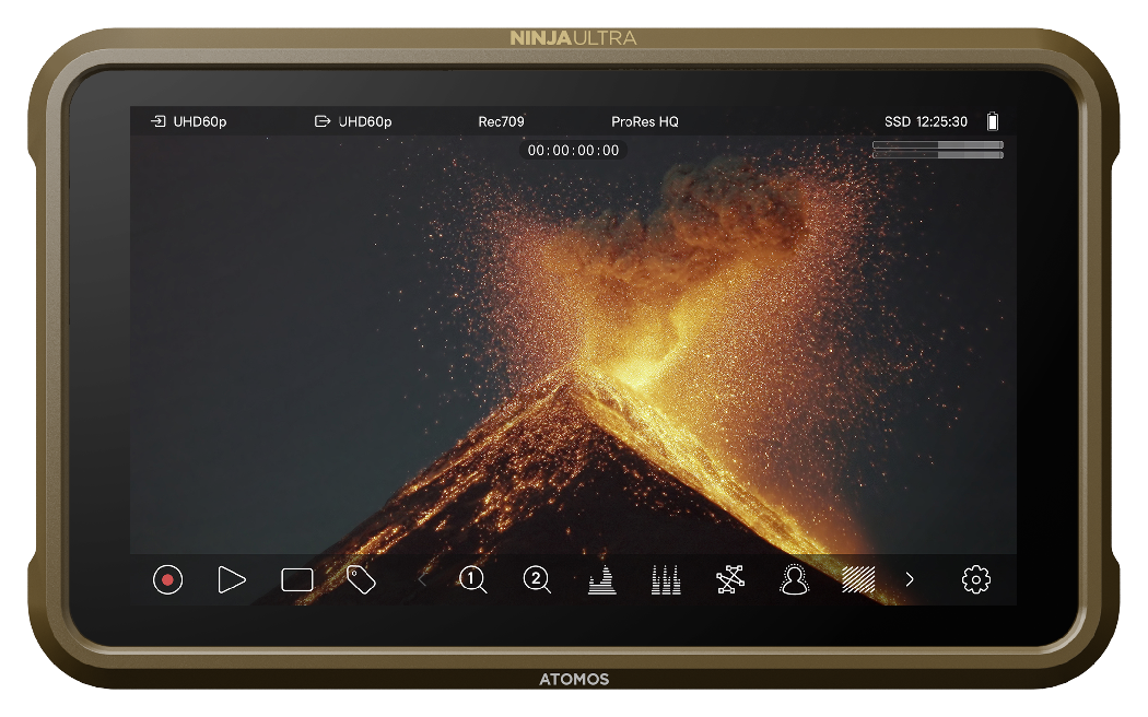 Atomos Ninja Ultra front view showing a Volcano in shot